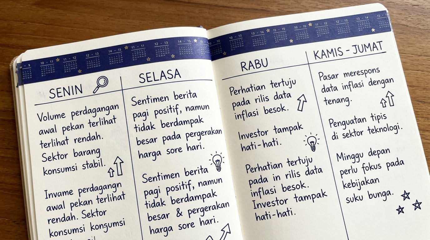 Ilustrasi mengamati tren pergerakan pasar saham secara edukatif